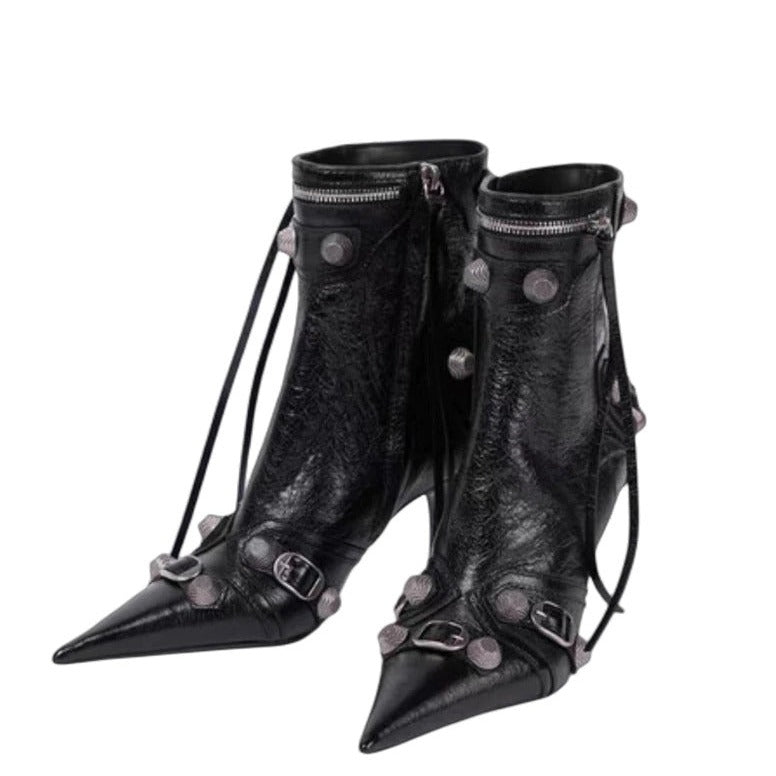 Black Leather Pointed Toe Metal Embellished Ankle Boots