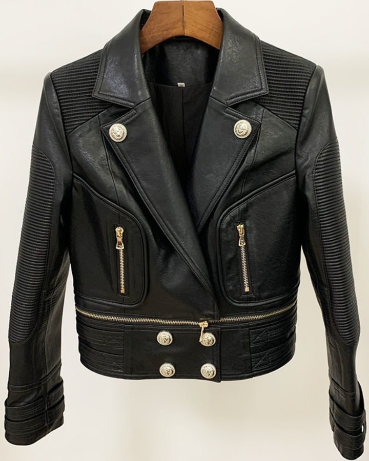 Black Detachable Leather Gold Button Biker Jacket