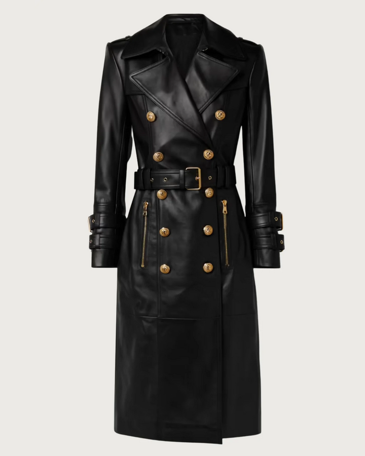 Black Leather Gold Button Trench Coat