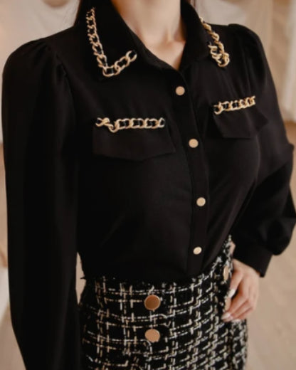 Vintage Style Black Chiffon Chain Blouse