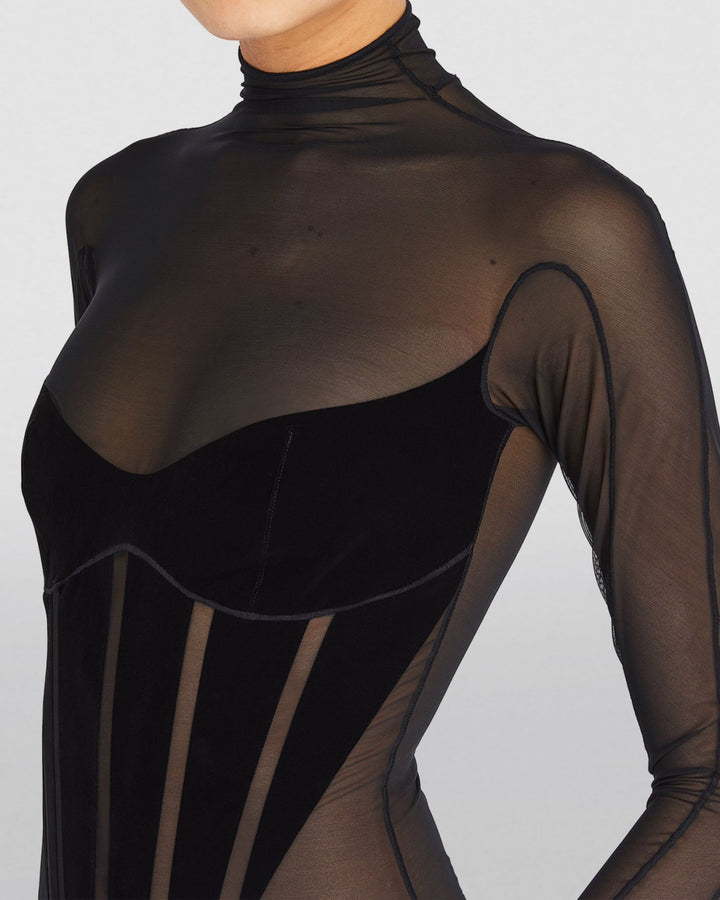 Black Sheer High Neck Shaping Bodysuit