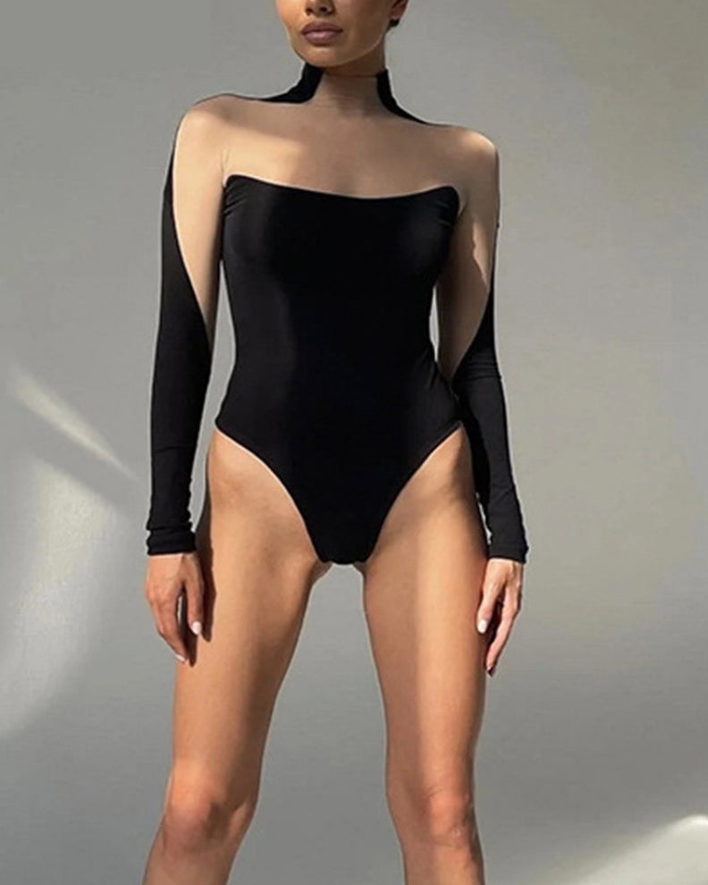 Black & Nude Long Sleeve Mesh Bodysuit