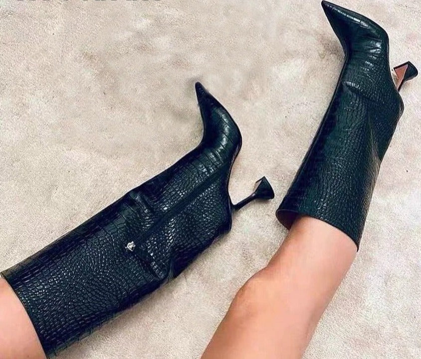 Amina Muaddi Croc Embossed Boots