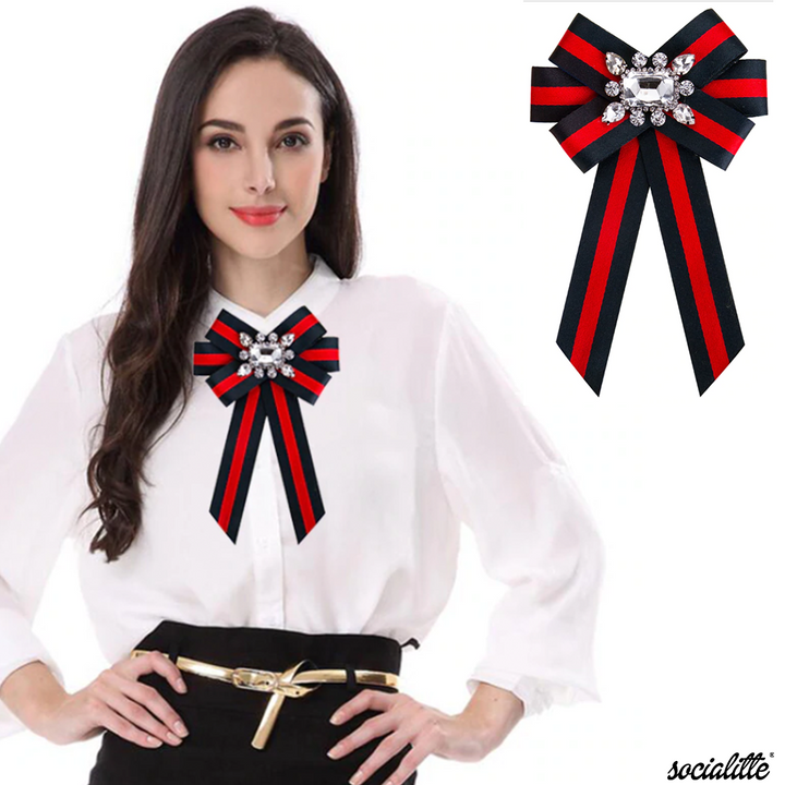 Red & Navy Striped Crystal Bow Brooch