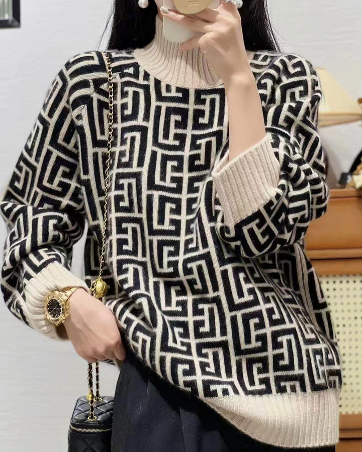 Cashmere Black & White Jacquard Turtleneck Sweater