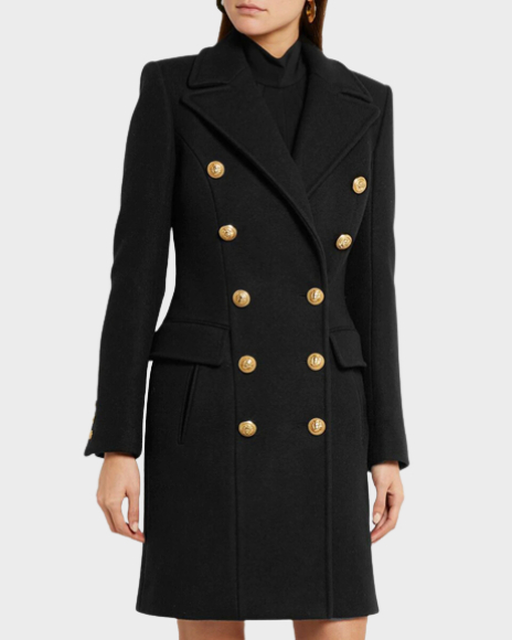 Black Double Breasted Gold Button Wool Coat