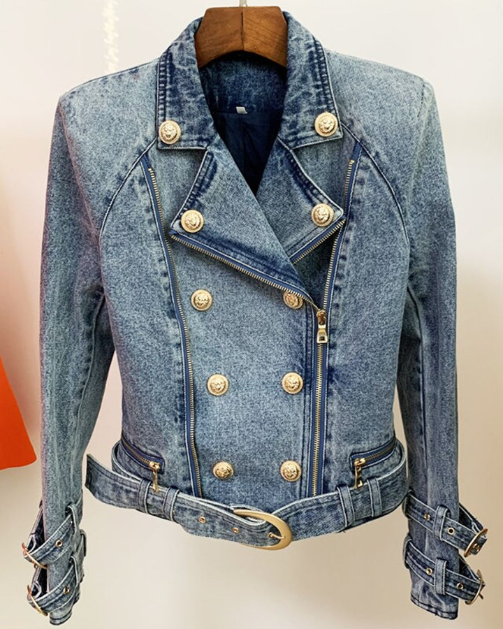 Denim Gold Button Biker Jacket