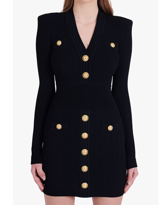 Black Long Sleeve Gold Button Bandage Dress
