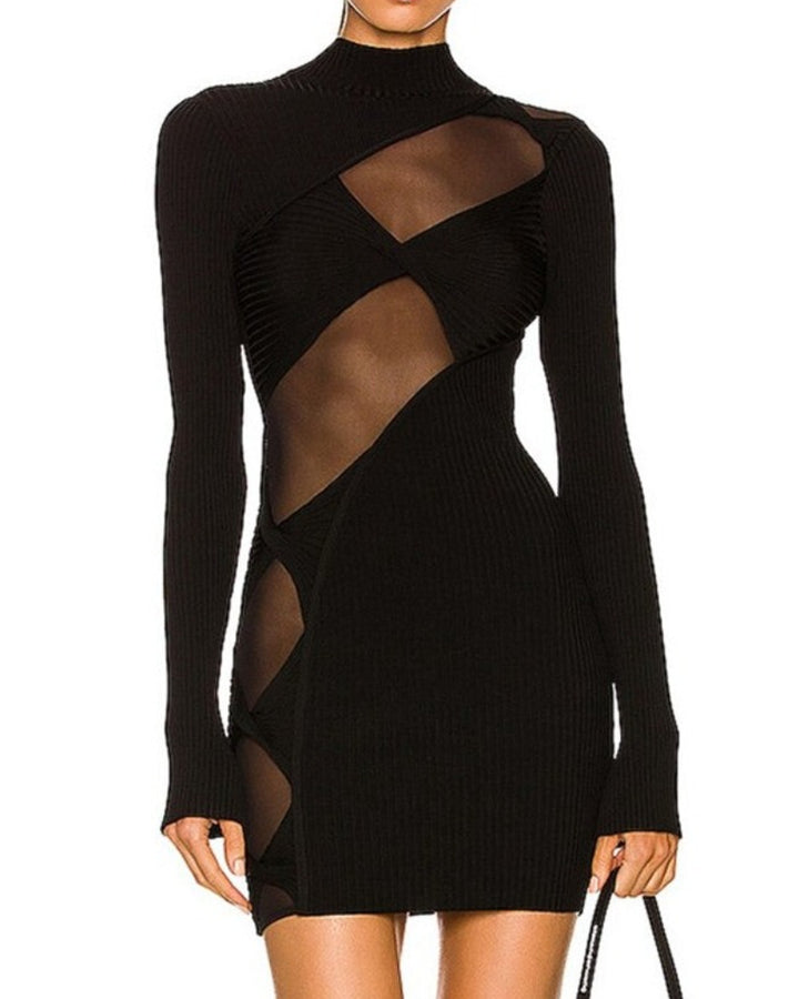 Black Mesh Cut Out Long Sleeve Mini Dress