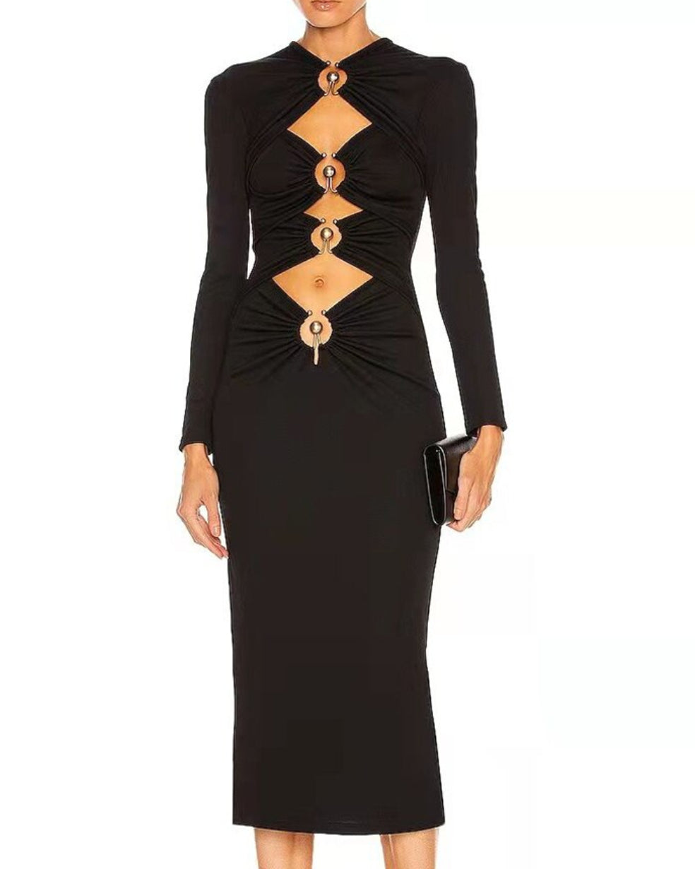 Black Long Sleeve Cut Out Metal Embellished Dress