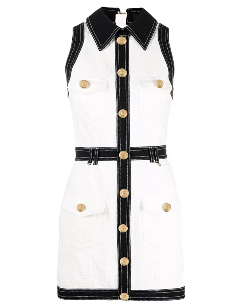 Black & White Gold Button Sleeveless Dress