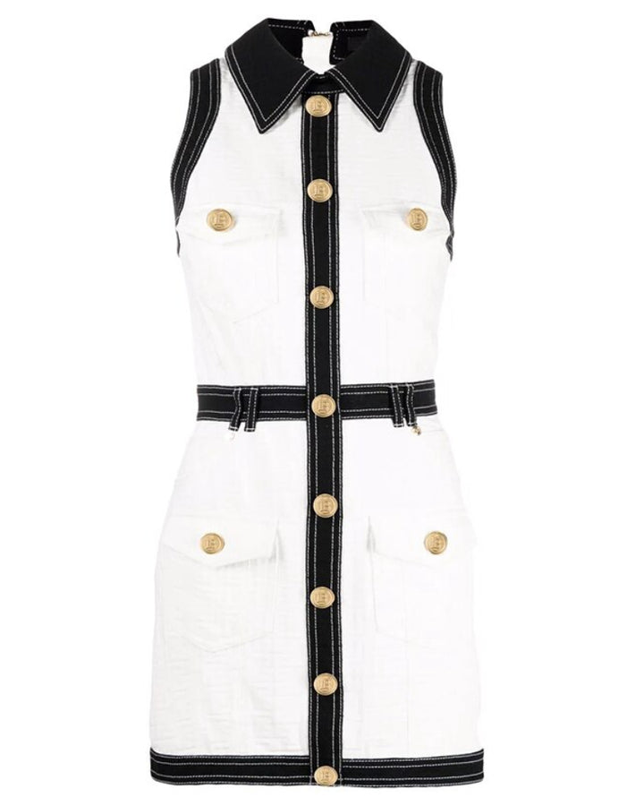 Black & White Gold Button Sleeveless Dress