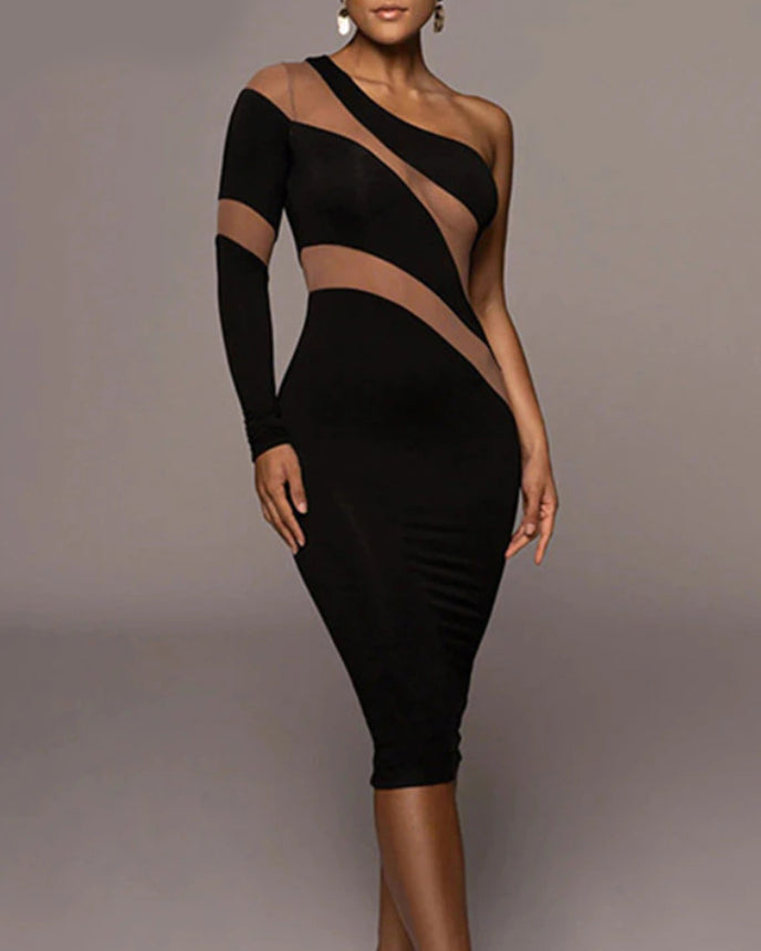 Black Mesh One Shoulder Long Sleeve Dress