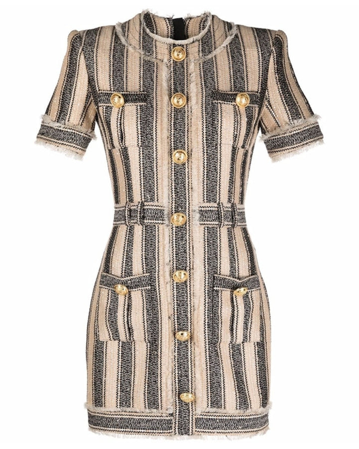 Tweed Short Sleeved Gold Button Striped Mini Dress