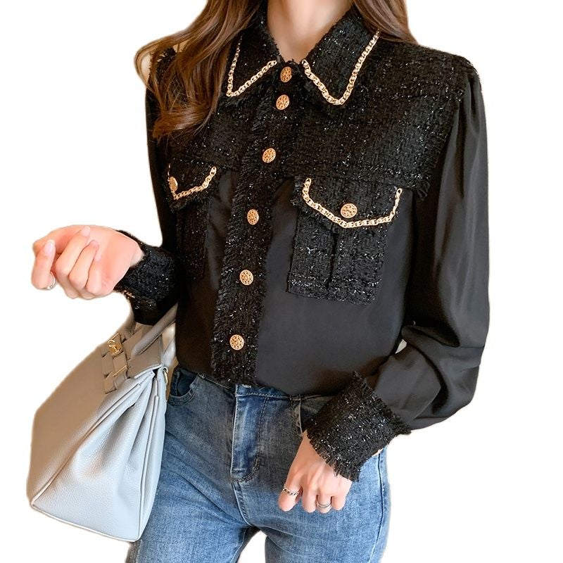 Tweed Silk Chain Gold Button Blouse