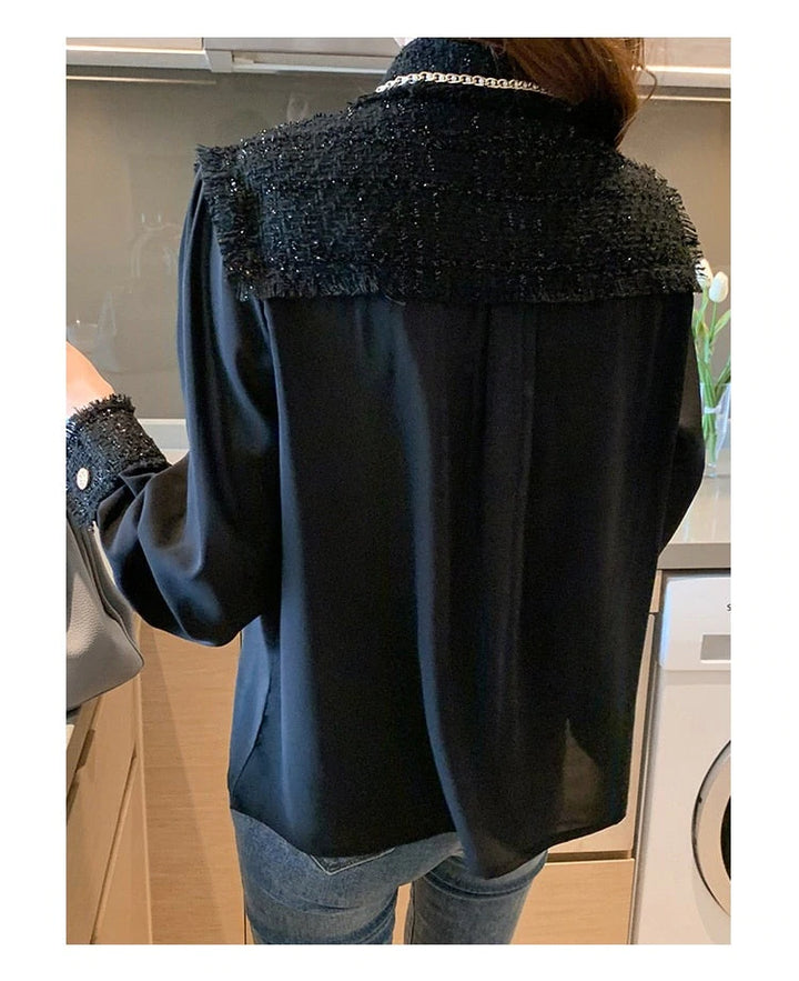 Tweed Silk Chain Gold Button Blouse
