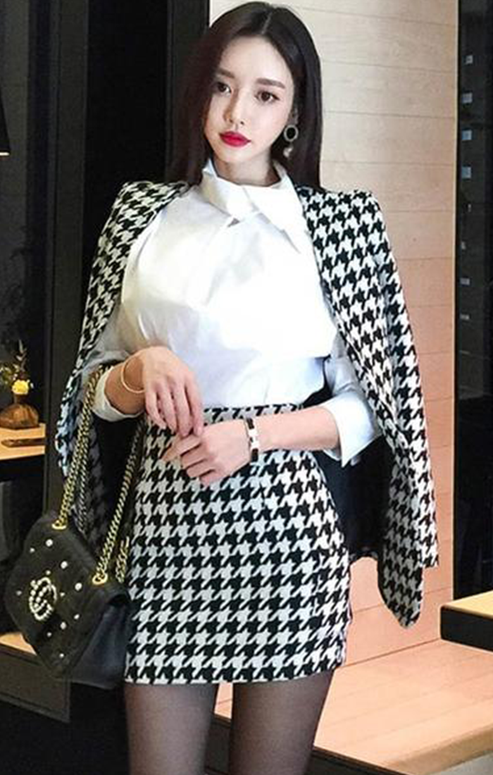 Houndstooth 2 Piece Blazer & Skirt Set