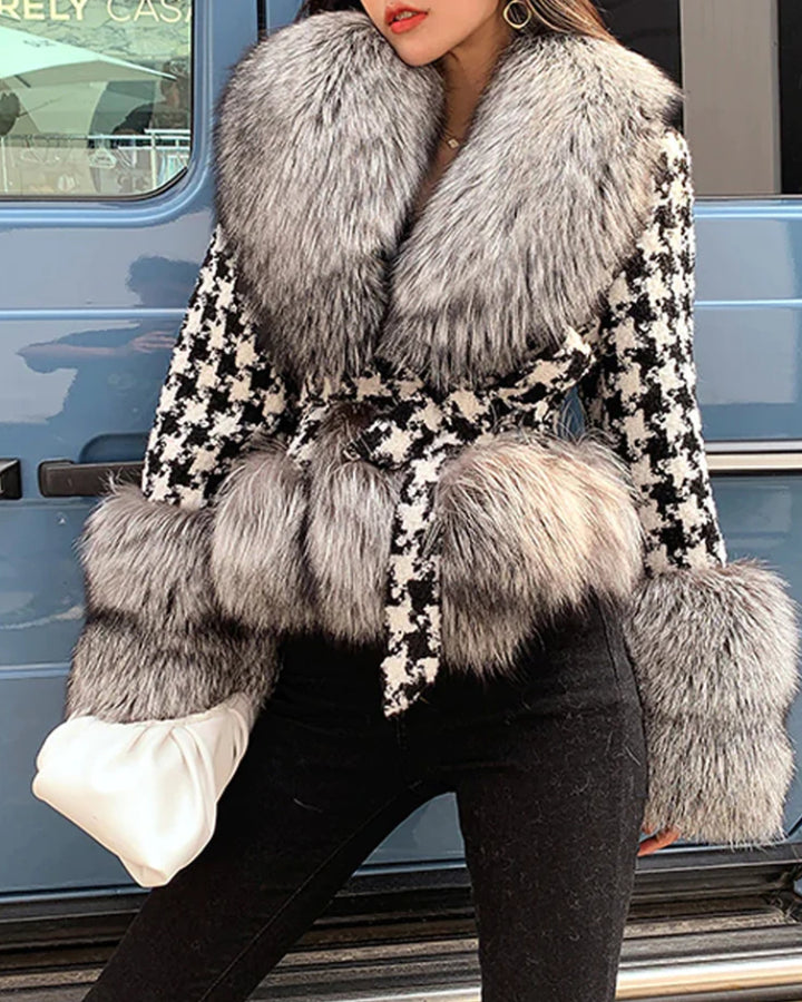 Faux-Fur Belted Houndstooth Jacket