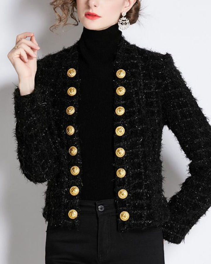 ◆DEINET◆ GOLD BOTTON TWEED JACKET IN BLACK KDBFU4S25110600 Black Ribbed Tweed Gold Button Jacket – Haute In Couture