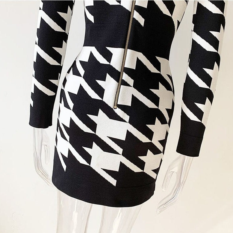 Houndstooth V Neck Bandage Dress