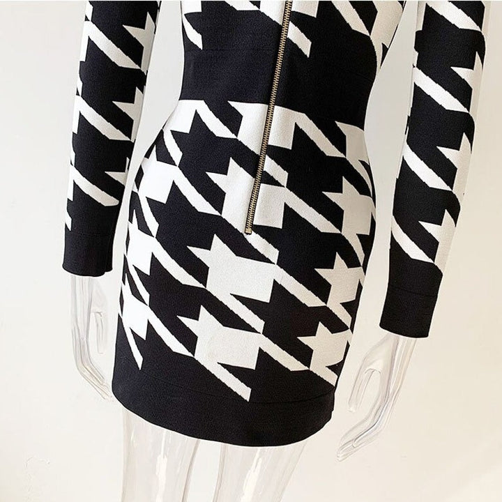 Houndstooth V Neck Bandage Dress