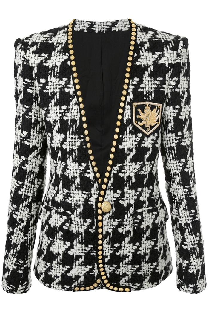 Houndstooth Tweed Gold Button Blazer