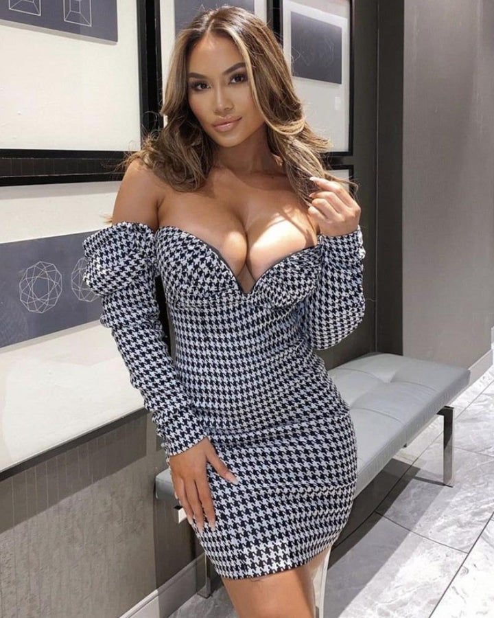 Vintage Houndstooth Off The Shoulder Dress