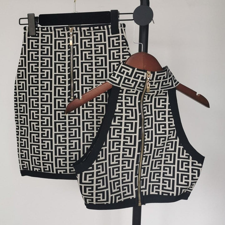 Black & White Jacquard Crop Top & Skirt Set