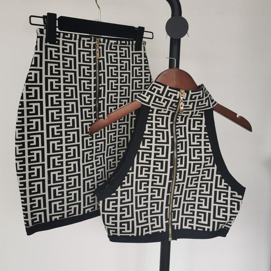 Black & White Jacquard Crop Top & Skirt Set