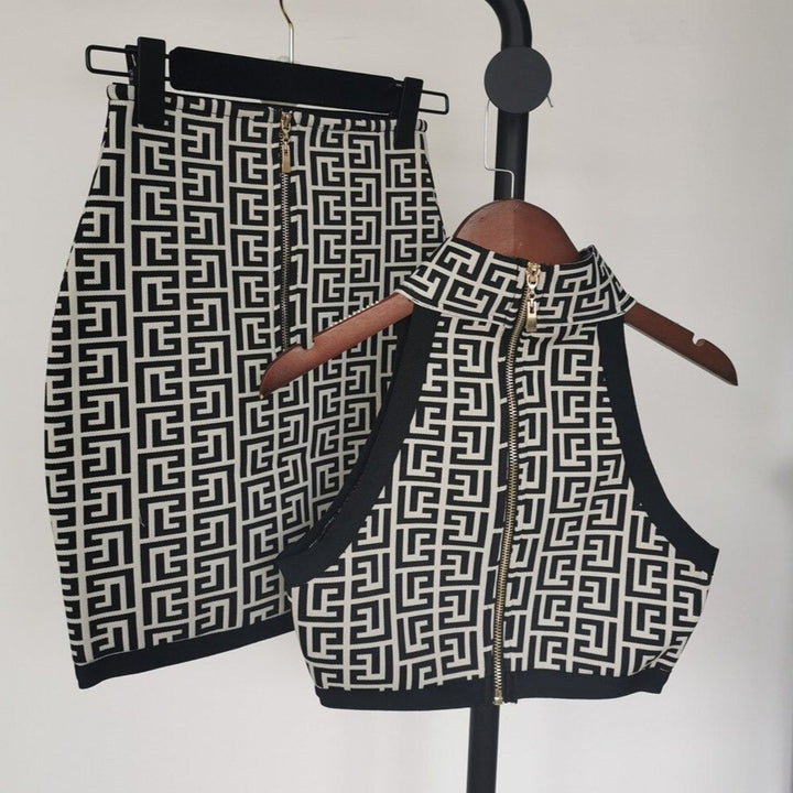 Black & White Jacquard Crop Top & Skirt Set
