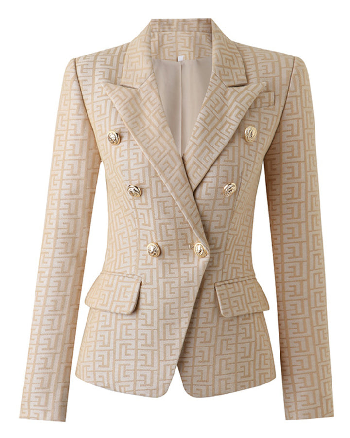 Khaki Embroidered Jacquard Gold Button Blazer