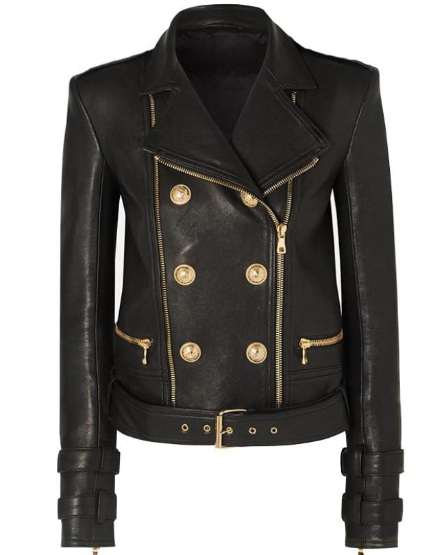 Black Leather Gold Button Biker Jacket