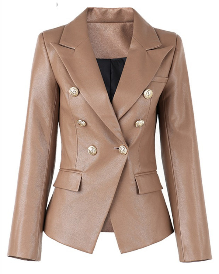 Khaki Leather Double Breasted Gold Button Blazer