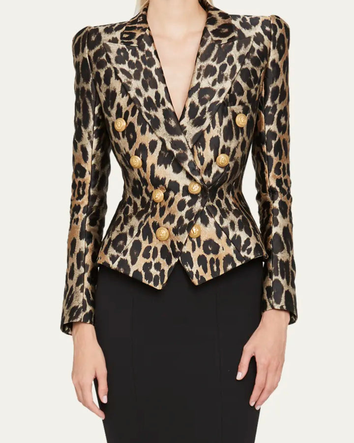 leopard double breasted gold button blazer