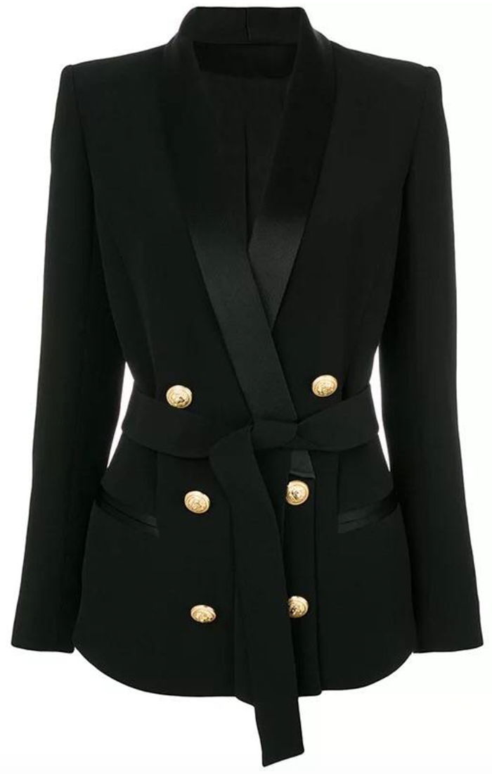 Belted Double Breasted Gold Button Blazer (Black & White)