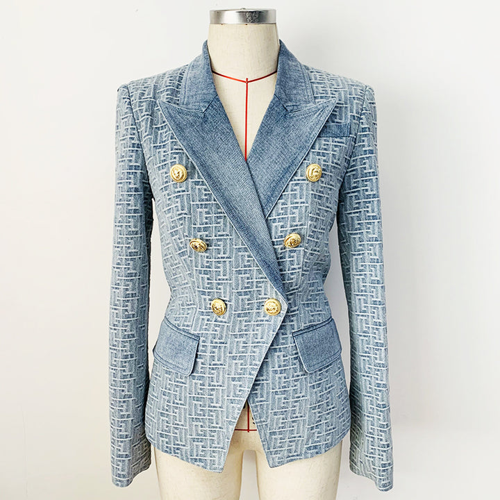 Denim Jacquard Double Breasted Gold Button Blazer