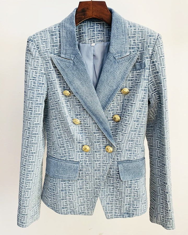 Denim Jacquard Double Breasted Gold Button Blazer
