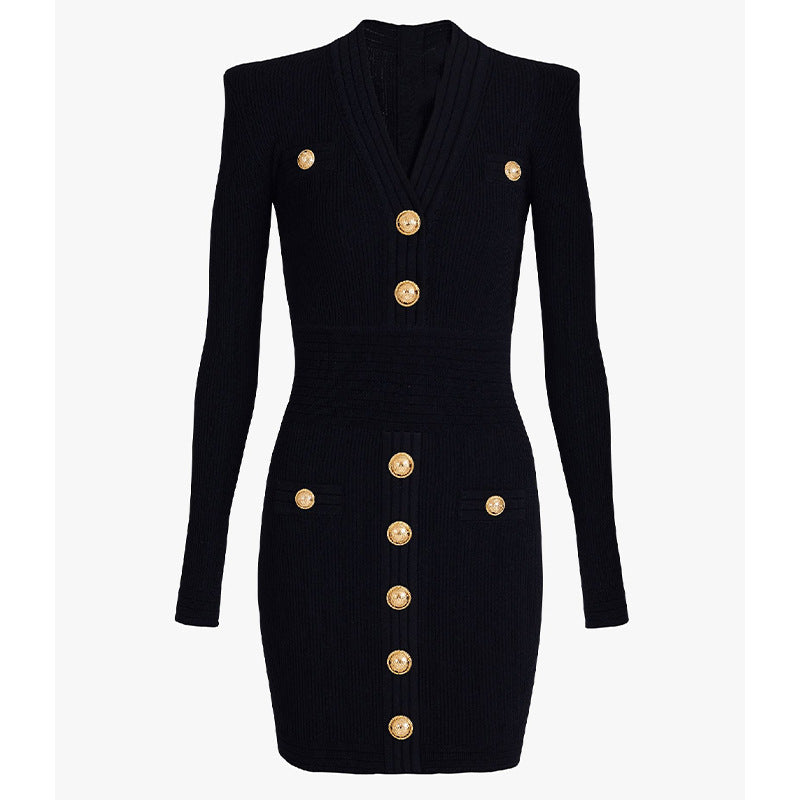 Black Long Sleeve Gold Button Bandage Dress – Haute In Couture