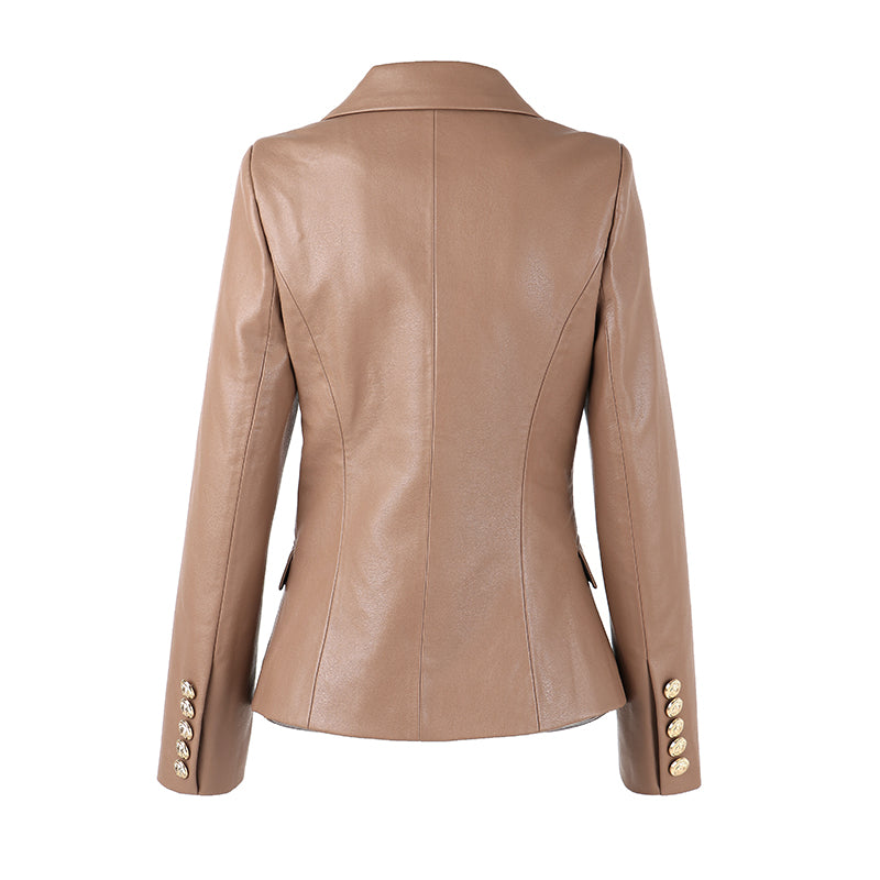 Khaki Leather Double Breasted Gold Button Blazer