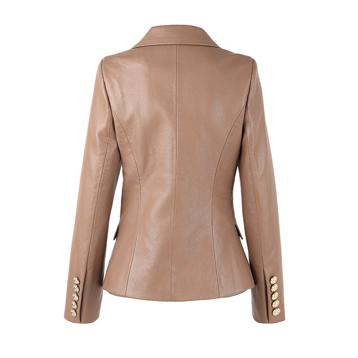 Khaki Leather Double Breasted Gold Button Blazer
