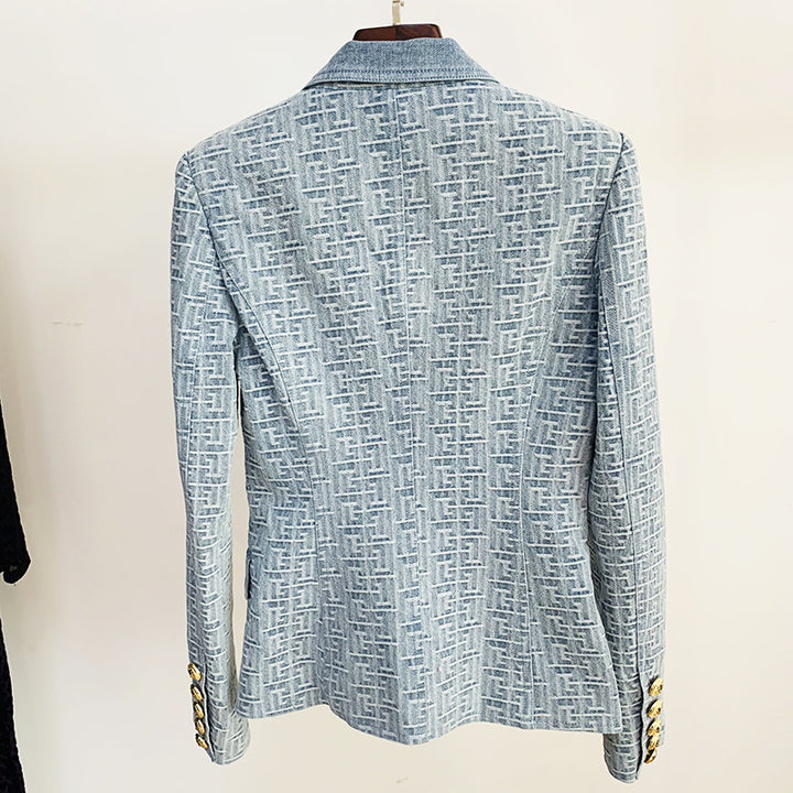 Denim Jacquard Double Breasted Gold Button Blazer
