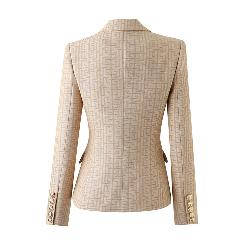 Khaki Embroidered Jacquard Gold Button Blazer