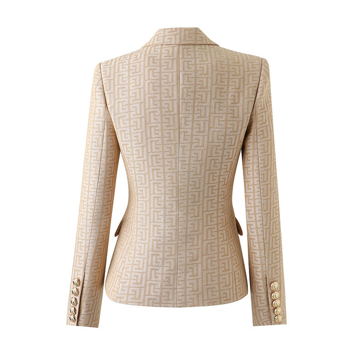 Khaki Embroidered Jacquard Gold Button Blazer