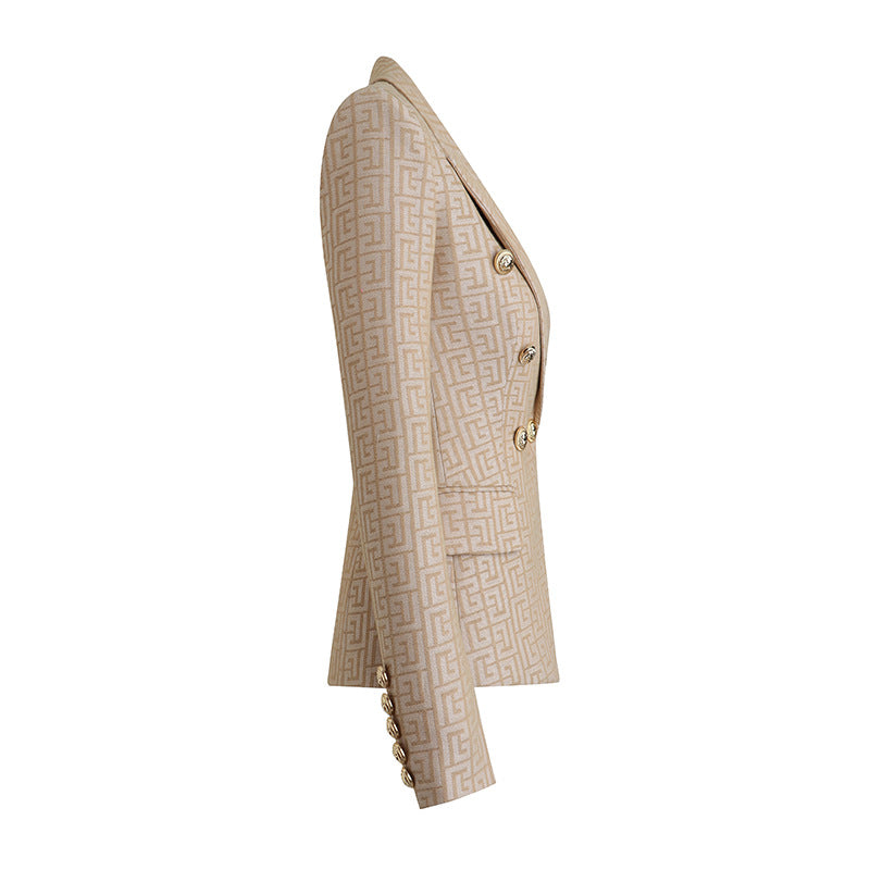 Khaki Embroidered Jacquard Gold Button Blazer