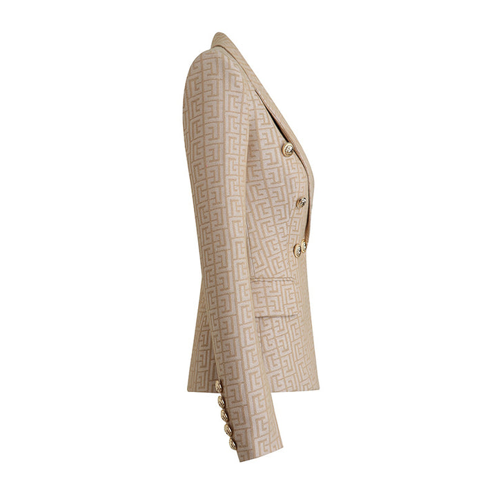 Khaki Embroidered Jacquard Gold Button Blazer