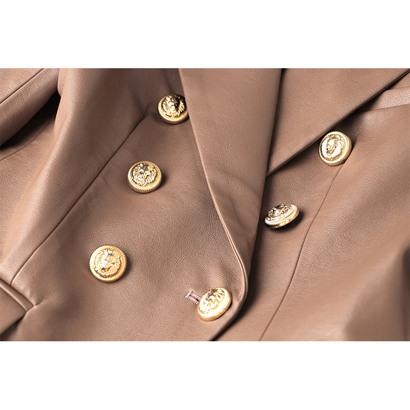 Khaki Leather Double Breasted Gold Button Blazer