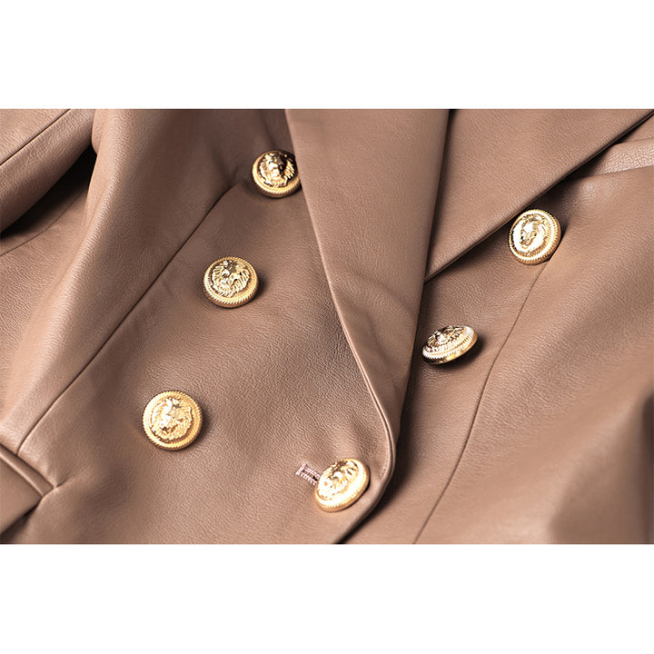 Khaki Leather Double Breasted Gold Button Blazer