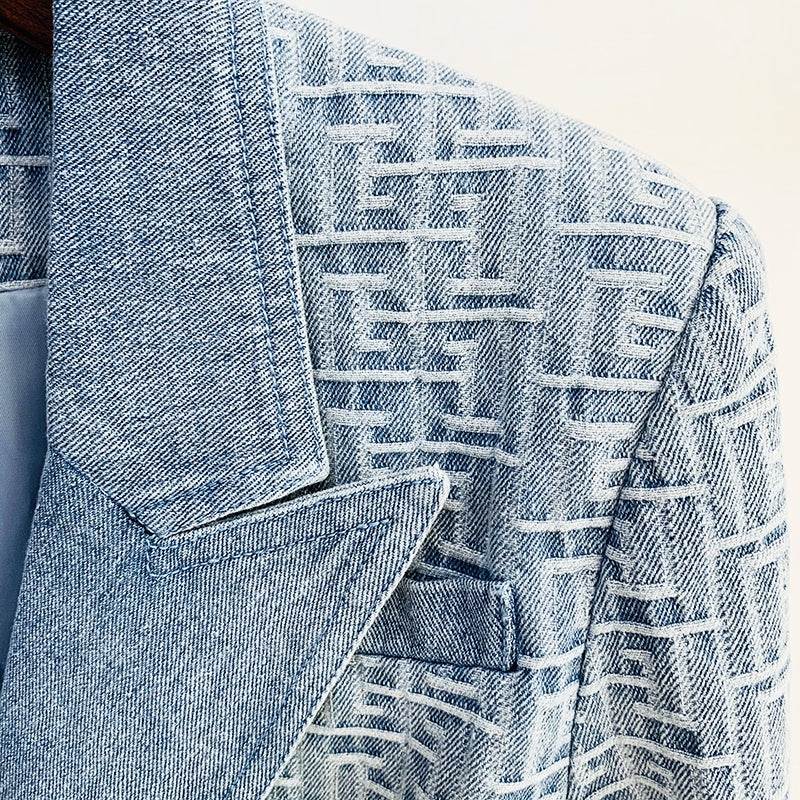 Denim Jacquard Double Breasted Gold Button Blazer