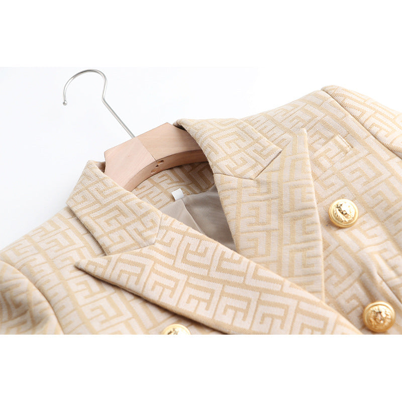 Khaki Embroidered Jacquard Gold Button Blazer