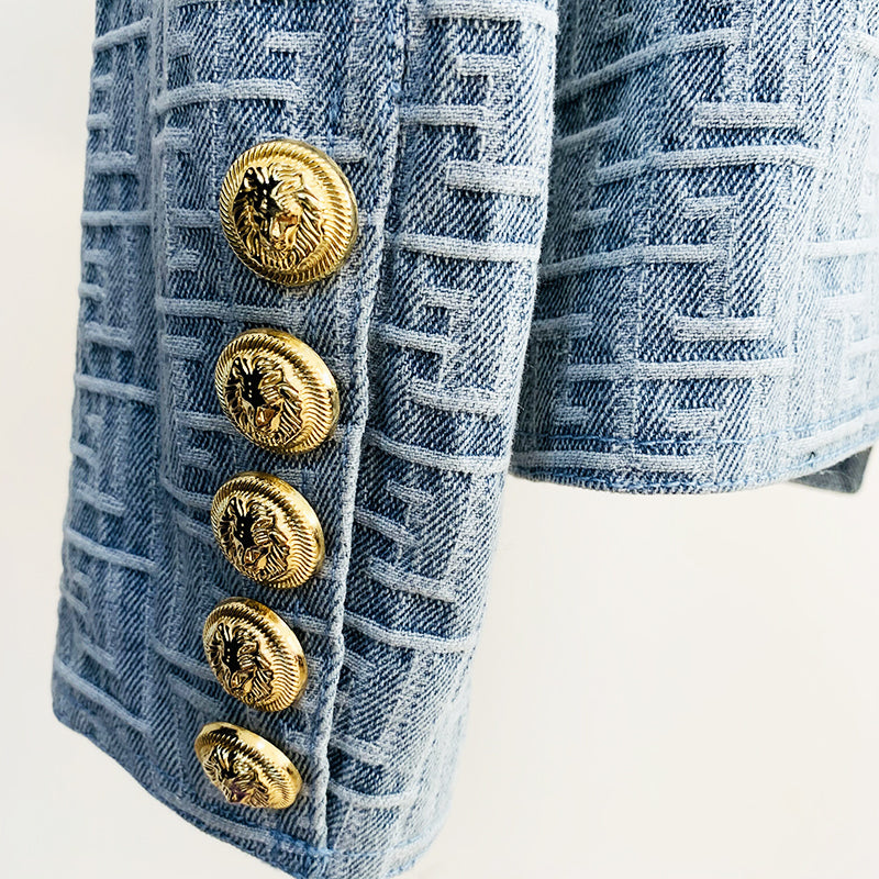 Denim Jacquard Double Breasted Gold Button Blazer